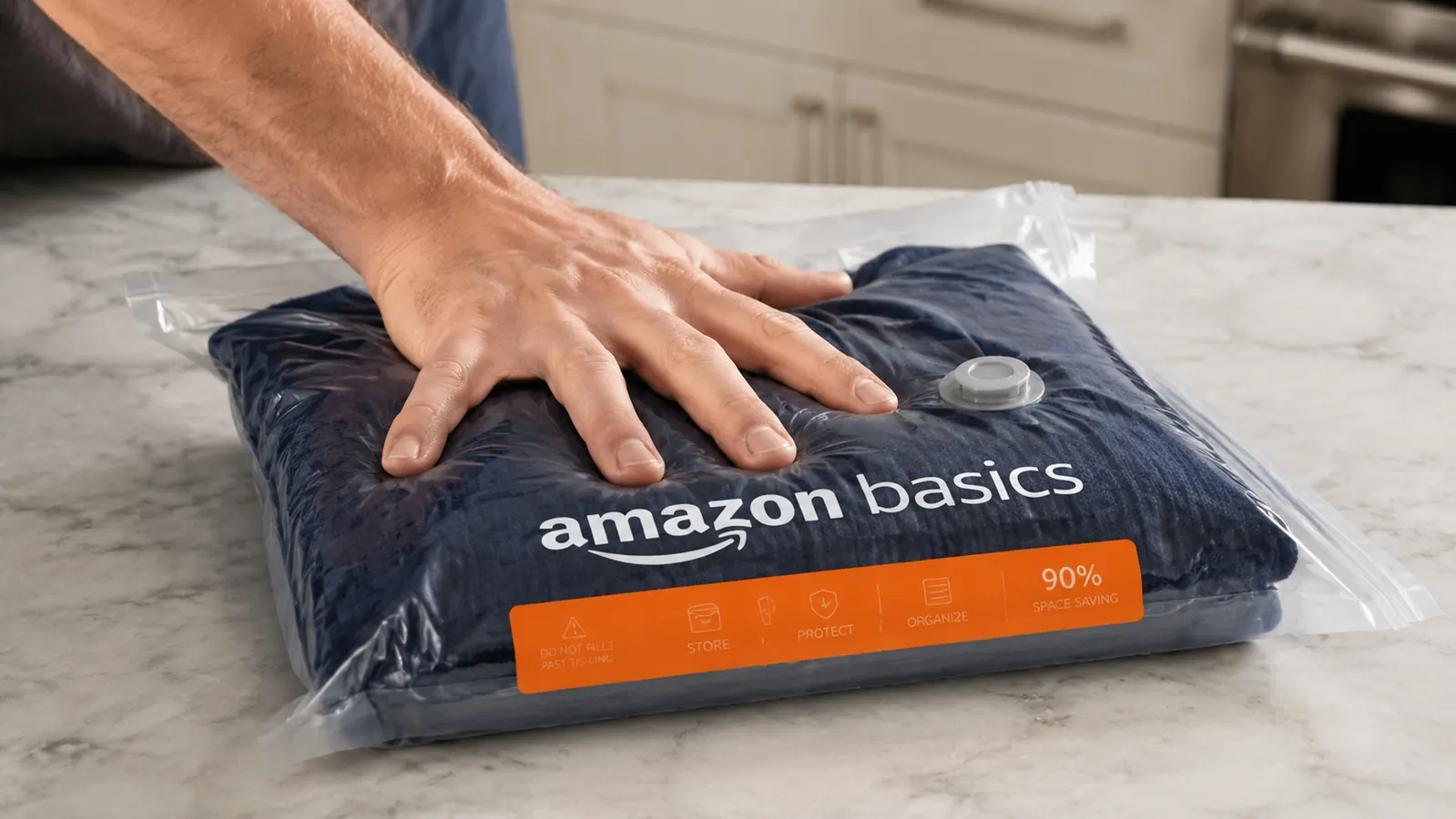 A hand performing the clutch test on a sealed vacuum bag, squeezing it to check for air leaks
