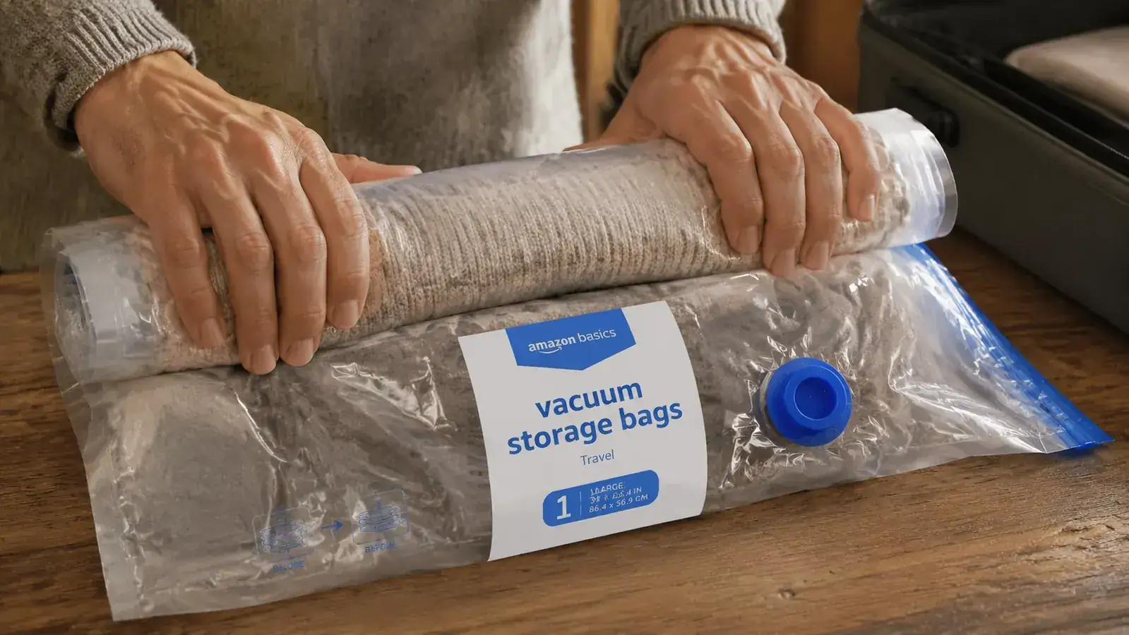 Hands rolling a sealed vacuum bag tightly from one end toward the valve to push out air