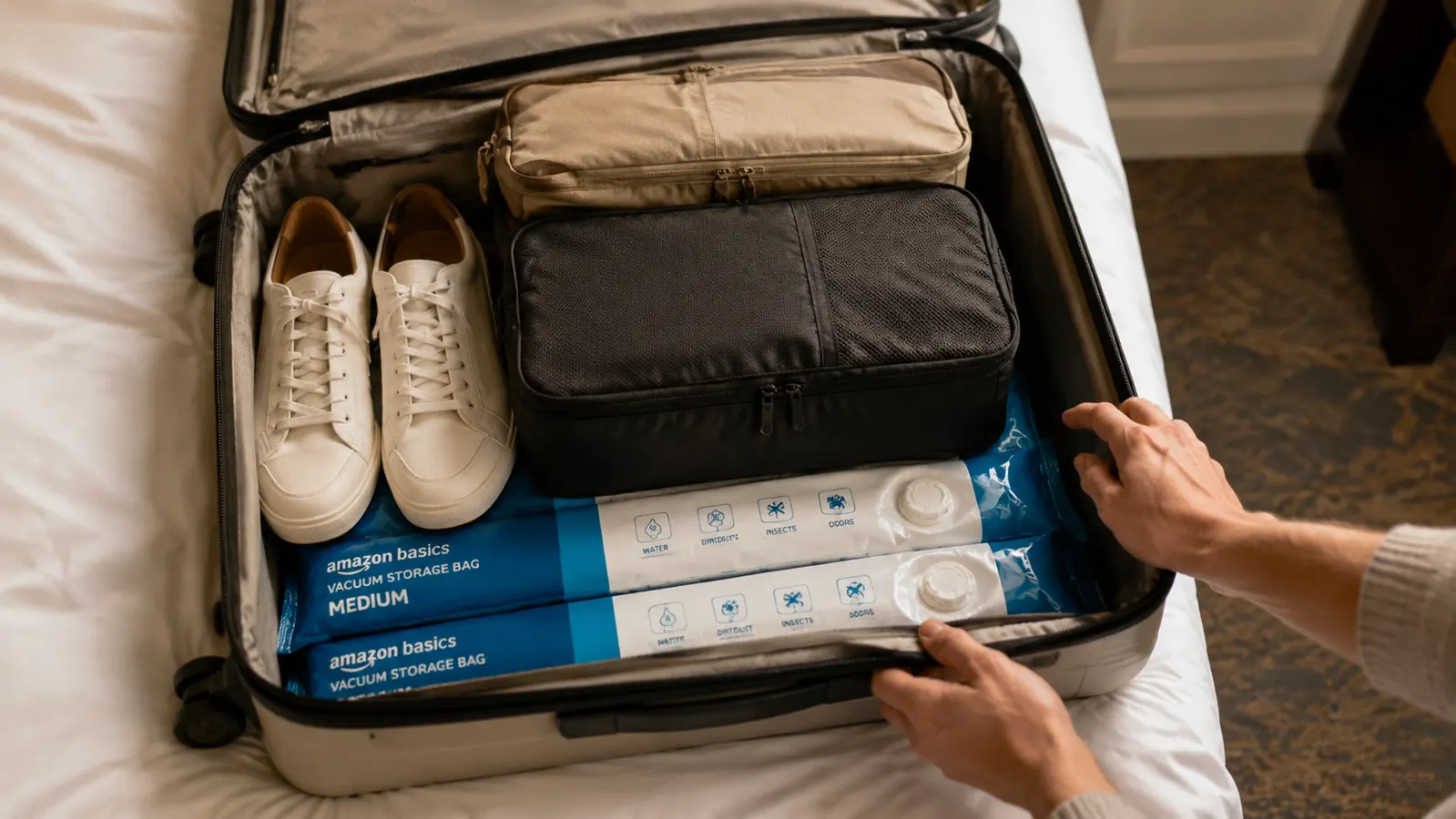 Compressed vacuum bags laid flat inside a carry-on suitcase, fitting neatly below packing cubes and shoes