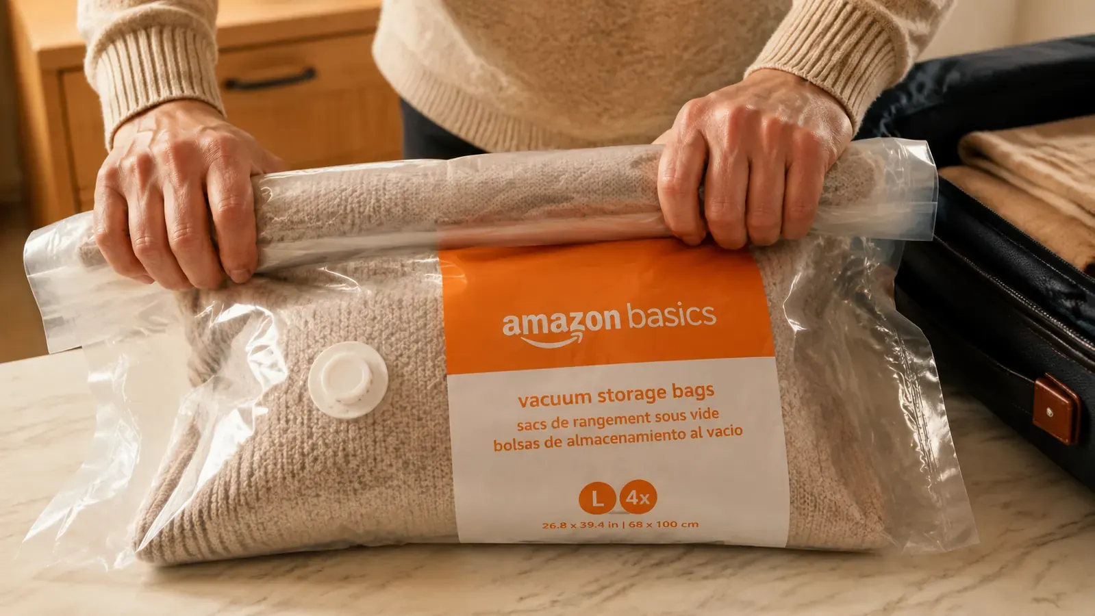 Hands rolling a clear vacuum storage bag filled with sweaters to expel the air, kitchen counter background